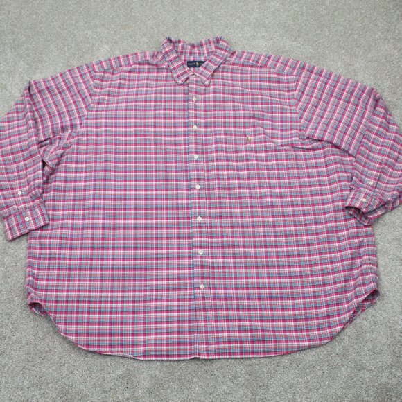 Ralph Lauren Shirt Mens 4XB XXXXL-Big Pink Plaid 100% Cotton Long Sleeve Button - Picture 1 of 13